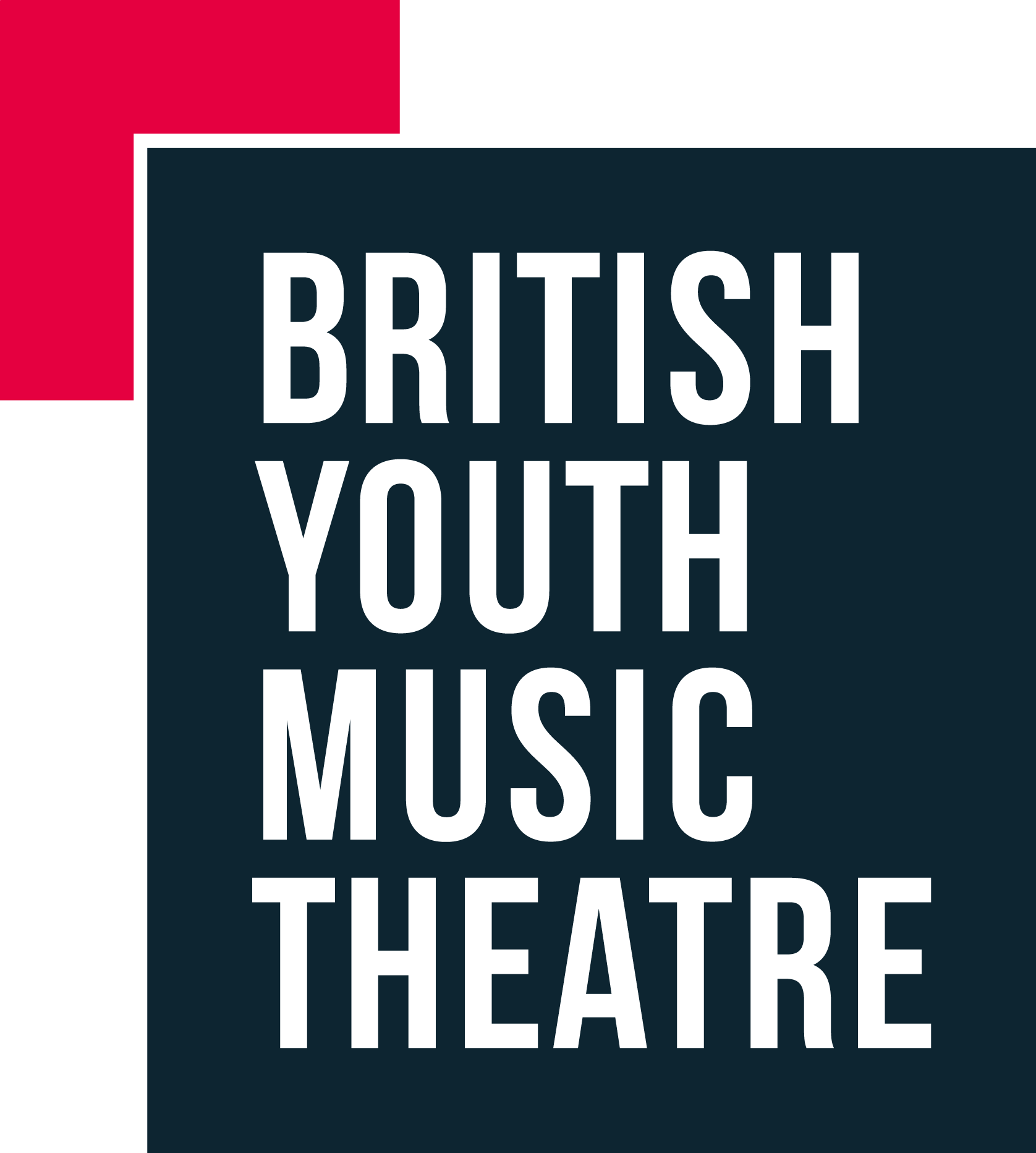Inside a black square written in white 'British Youth Music Theatre' each word stacked on top of each other. Behind the square in the top left corner is a smaller pink square.
