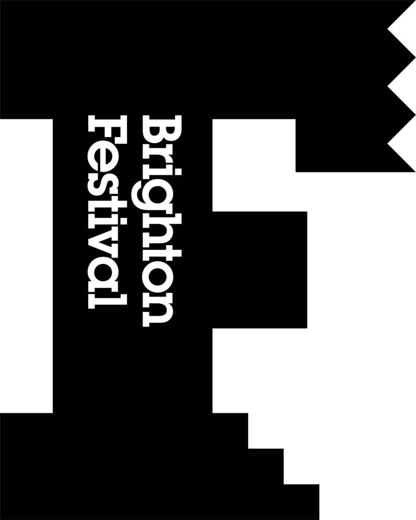Brighton Festival logo featuring a large black letter 'F' with white text reading 'Brighton Festival' over it, on the one side.